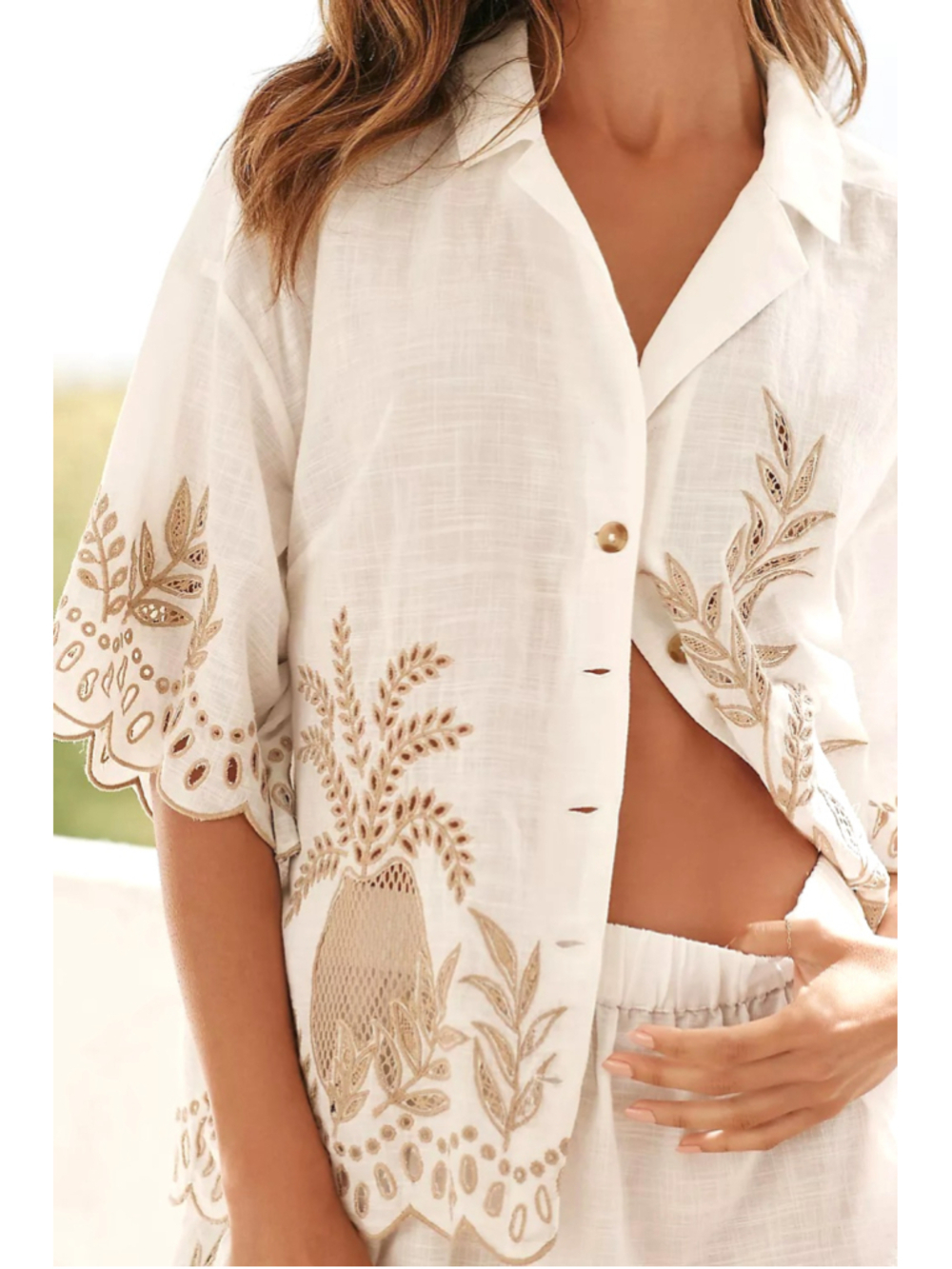 Magaschoni Embroidered Linen Cropped Shirt Blouse Broderie White Sz S Tropical